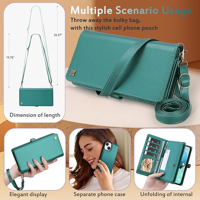 for Wallet Case Compatible with iPhone 14,Multi-Function Detachable 2 in 1 Magnetic iPhone 14 Wallet,Flip Strap Zipper Card Holder Phone Case with Shoulder Straps (Green)