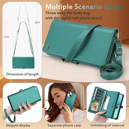 for Wallet Case Compatible with iPhone 15,Multi-Function Detachable 2 in 1 Magnetic iPhone 15 Wallet,Flip Strap Zipper Card Holder Phone Case with Shoulder Straps (Green)