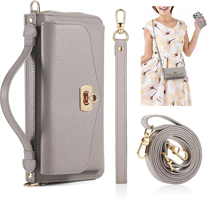 Crossbody Wallet Case for iPhone 16 Pro Max, Magnetic Detachable Floral PU Leather Phone Case with RFID Blocking Card Holder Wristlet Mirror Flip Zipper Shoulder Purse for Wome - Gray