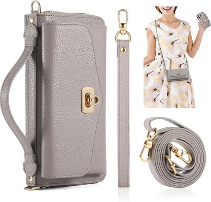 Crossbody Wallet Case for iPhone 16 Pro Max, Magnetic Detachable Floral PU Leather Phone Case with RFID Blocking Card Holder Wristlet Mirror Flip Zipper Shoulder Purse for Wome - Gray