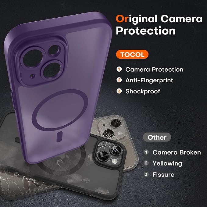 TOCOL for Phone 15 Case, Compatible with Magsafe Charger, Full Camera Protection, Drop Protection, Translucent Matte Phone Case for iPhone 15 6.1 inch (Midnight Purple)
