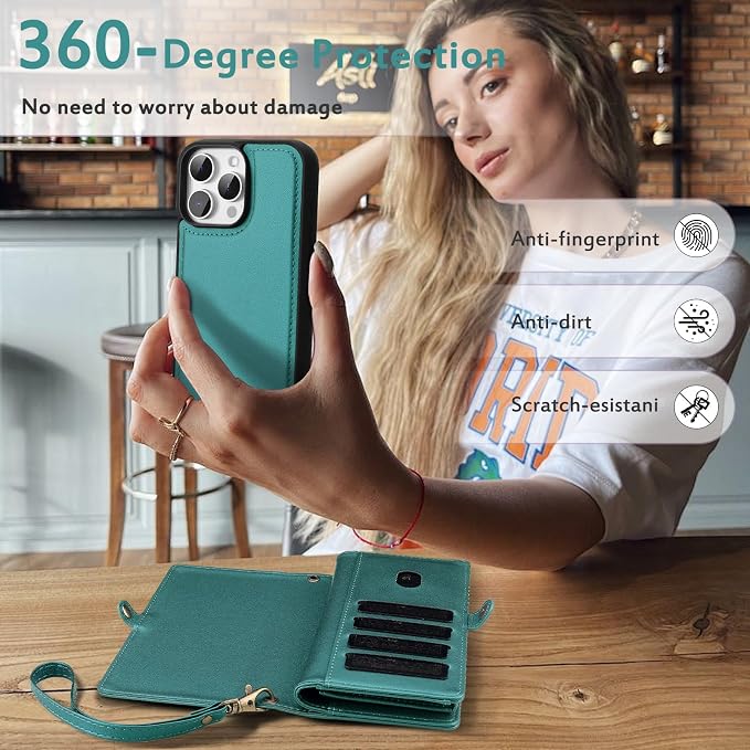 for Wallet Case Compatible with iPhone 16 Pro Max,Multi-Function Detachable 2 in 1 Magnetic iPhone 16 Pro Max Case Wallet,Flip Strap Zipper Card Holder Phone Case with Shoulder Straps (Green)