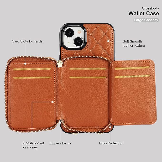 Bocasal Crossbody Wallet Case for iPhone 15 Plus, RFID Blocking PU Leather Zipper Handbag Purse Flip Cover, Kickstand Folio Case with Card Slots Holder Wrist Strap Lanyard 5G 6.7 Inch (Brown)