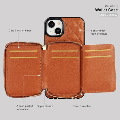 Bocasal Crossbody Wallet Case for iPhone 15 Plus, RFID Blocking PU Leather Zipper Handbag Purse Flip Cover, Kickstand Folio Case with Card Slots Holder Wrist Strap Lanyard 5G 6.7 Inch (Brown)
