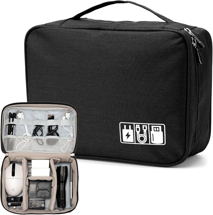 Cable Organizer Bag, Electronic Accessories Travel Case, Waterproof Double Layer Storage Bag for Charger, Cord, Phone, Earphone, Portable Carry Pouch for Travel & Daily Use (Black)