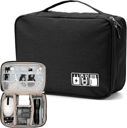 Cable Organizer Bag, Electronic Accessories Travel Case, Waterproof Double Layer Storage Bag for Charger, Cord, Phone, Earphone, Portable Carry Pouch for Travel & Daily Use (Black)