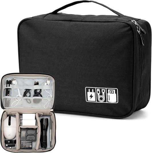 Cable Organizer Bag, Electronic Accessories Travel Case, Waterproof Double Layer Storage Bag for Charger, Cord, Phone, Earphone, Portable Carry Pouch for Travel & Daily Use (Black)