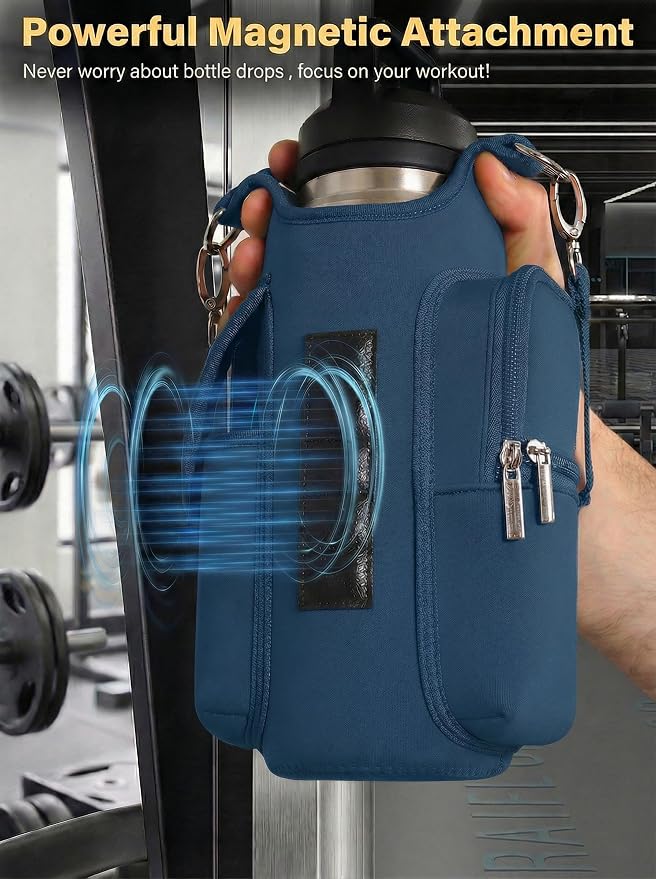 Magnetic Gym Tote Bag Holder for 18-40 oz Water Bottle,Neoprene Pouch with Phone Pocket,Men Women Workout Accessories