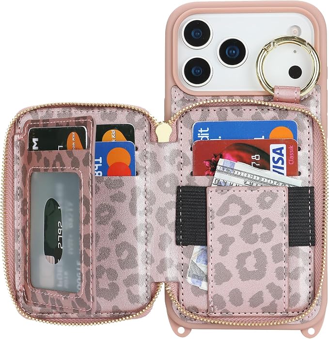 Crossbody Wallet Case for iPhone 17 Pro Max, PU Leather Zipper Handbag Purse Flip Cover, Kickstand Folio Case with Card Slots Holder Wrist Strap Lanyard 5G 6.9 Inch-Pink Leopard