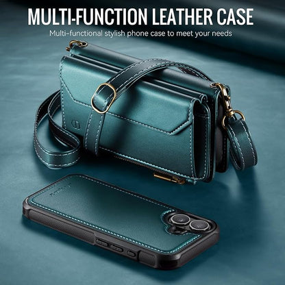 Strapurs for iPhone 17 Detachable Wallet Case Compatible with Magsafe for Women, RFID Blocking 9-Card Holder Zipper Wrist Strap Lanyard PU Leather Magnetic Phone Case for iPhone 17 6.3", Blue Green