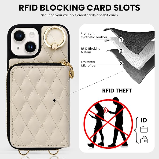 Keallce Case for iPhone 15 6.1'' Wallet Case, Crossbody Zipper Purse with Wrist Strap Lanyard Handbag for Women, RFID Blocking Card Holders, 360° Ring Kickstand Flip Leather Cover for iPhone 15, Beige