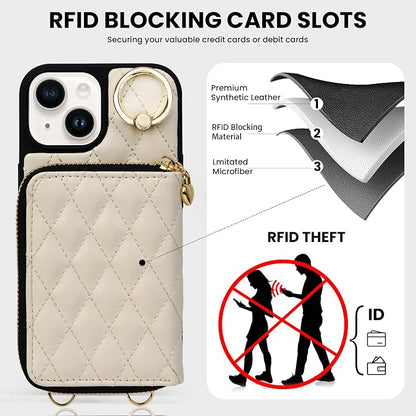 Keallce Case for iPhone 15 6.1'' Wallet Case, Crossbody Zipper Purse with Wrist Strap Lanyard Handbag for Women, RFID Blocking Card Holders, 360° Ring Kickstand Flip Leather Cover for iPhone 15, Beige