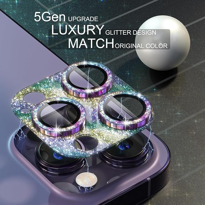 Choiche for iPhone 14 Pro/iPhone 14 Pro Max Camera Lens Protector, Bling Camera Cover with 9H Tempered Glass Lens Screen Protector Metal Ring Decoration Accessories (Glitter-Rainbow)