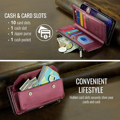 Strapurs Wallet Case Compatible with iPhone Air 6.5" RFID Blocking 10-Card Holder Soft PU Leather Magnetic Snap Shoulder Strap Zipper Pocket Phone Case Fit for iPhone 17 Air for Women - WineRed