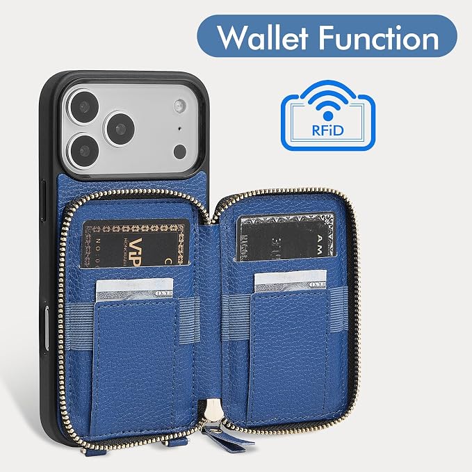 ZVE for iPhone 17 Pro Case Wallet with Crossbody Strap, Card Holder Leather Phone Cover with Wrist Strap 6.3" Navy Blue