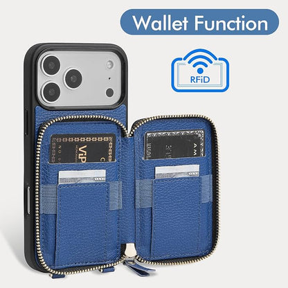 ZVE for iPhone 17 Pro Case Wallet with Crossbody Strap, Card Holder Leather Phone Cover with Wrist Strap 6.3" Navy Blue
