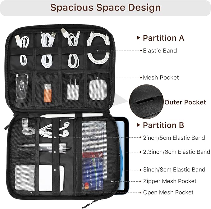 Dadanism Electronics Travel Organizer Case, Double Layers Cord Organizer | Travel All-in-One Storage Bag for Cable, Cord, iPad, Chargers, fits 9-11'' Tablets, Portable Tech Accessories Bag, Black