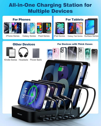 MSTJRY Charging Station for Multiple Devices : 5 Port Multi USB-A Charger Stations Multi-Device Organizer Charging Dock Designed for iPhone iPad Cell Phone Tablets (7 Short Cables Included), Black