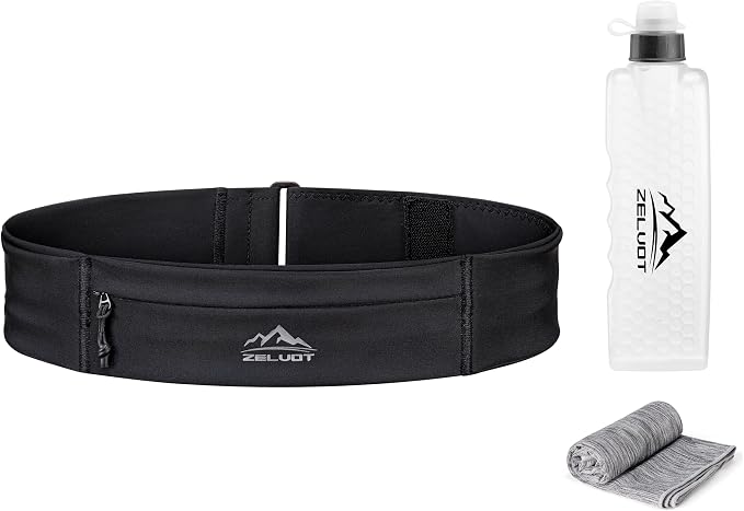 Zelvot Running Belt with 355ml Water Bottle, Extension Strap & Phone Holder, Adjustable Running Fanny Pack with Gym Towel, Waterproof Belt Bag for Women Men for Jogging Hiking Marathon (Black, Medium)