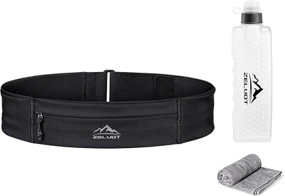 Zelvot Running Belt with 355ml Water Bottle, Extension Strap & Phone Holder, Adjustable Running Fanny Pack with Gym Towel, Waterproof Belt Bag for Women Men for Jogging Hiking Marathon (Black, Medium)