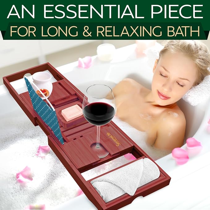 SereneLife Premium Bathtub Tray Caddy with Gift Box and Bow Set, Expandable Bath Tray, Unique House Warming Gifts for Mom, Women, Wedding, Anniversary, Bridal Shower, Fit for All Tub - Stain Brown