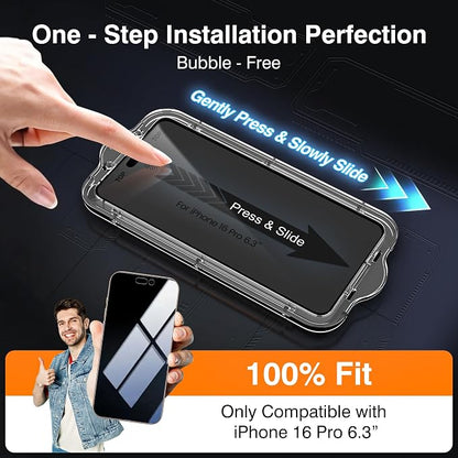 EZ-GLAZ- 4 Pack for iPhone 16 Pro Privacy Screen Protector [6.3"] With 2 Pack Camera Lens Protector, 9H+ Hardness 12FT Military Grade Shatterproof Scratch Resistant Durable Tempered Glass Film with Flawless Fit Kit