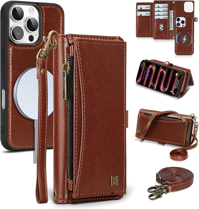 Wallet Case for iPhone 16 Pro with Card Holder/Crossbody Wallet/Strap| RFID Blocking | Magnetic | Kickstand | Detachable | PU Leather Phone Case for iPhone 16 Pro,6.3 in,Brown