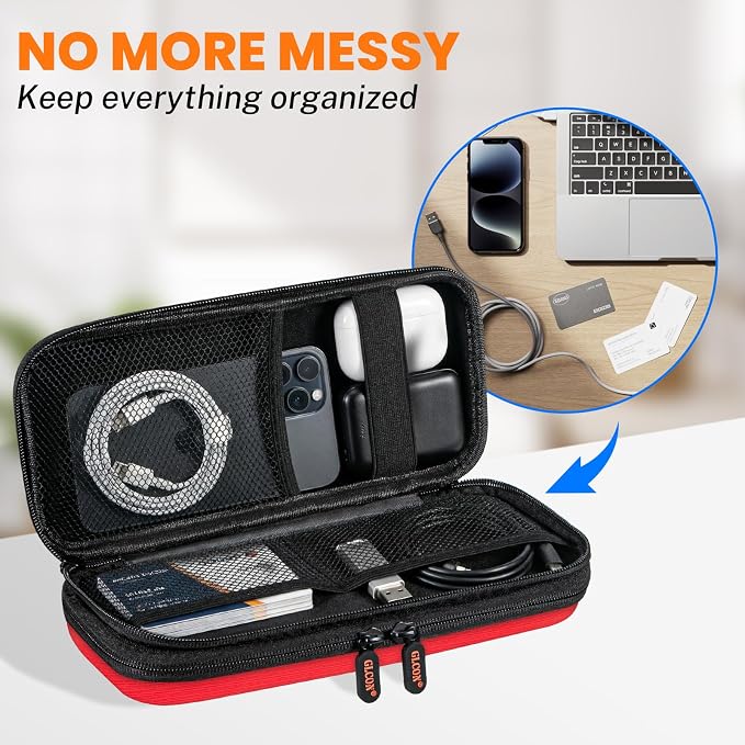 Red Double-Layer Hard Carrying Case, Electronics Organizer Travel Pouch | Multi-Pocket Zipper Tech Bag for Charger, Power Bank, Phone, USB Flash Drive, Cord, Cable
