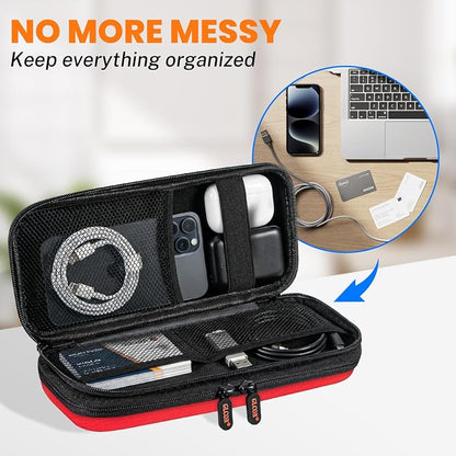 Red Double-Layer Hard Carrying Case, Electronics Organizer Travel Pouch | Multi-Pocket Zipper Tech Bag for Charger, Power Bank, Phone, USB Flash Drive, Cord, Cable