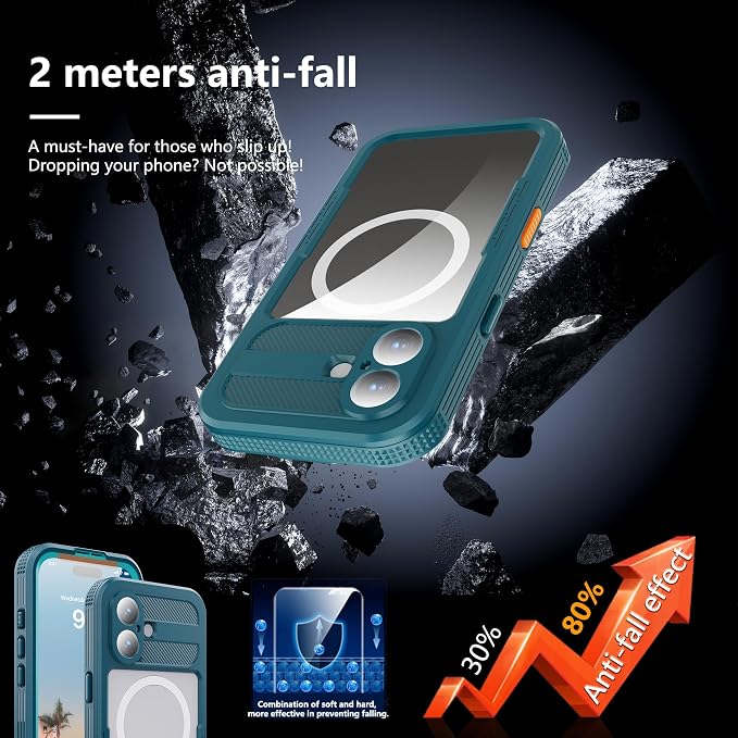 GOLDJU Magnetic for iPhone 17 Case-Waterproof, Built-in Screen & Camera Protector-IP68 Underwater Full Body 16FT Military Dropproof Shockproof Case for 17 6.3''- Blue