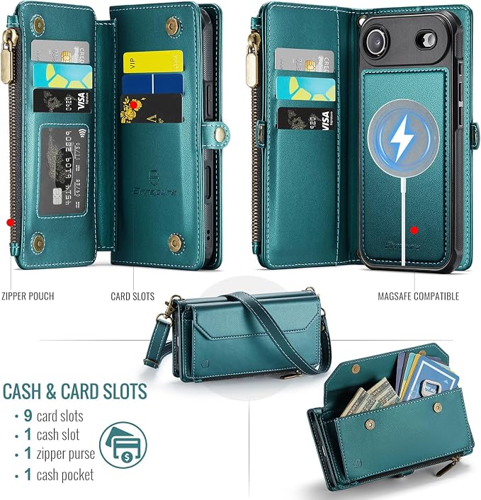 Strapurs for iPhone Air Detachable Wallet Case Compatible with Magsafe for Women, RFID Blocking 9-Card Holder Zipper Strap Lanyard PU Leather Magnetic Phone Case for iPhone 17 Air 6.5", Blue Green