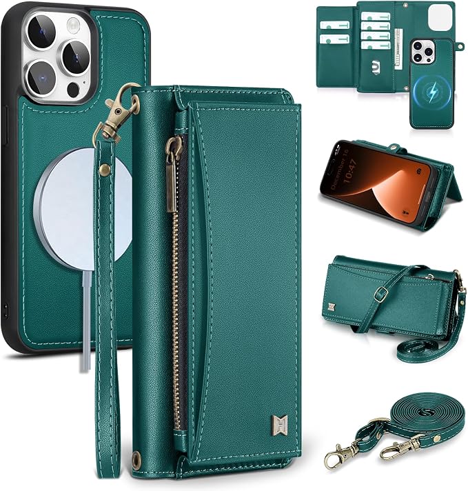 Wallet Case for iPhone 15 Pro with Card Holder/Crossbody Wallet/Strap| RFID Blocking | Magnetic | Kickstand | Detachable | PU Leather Phone Case for iPhone 15 Pro,6.1 in,Green