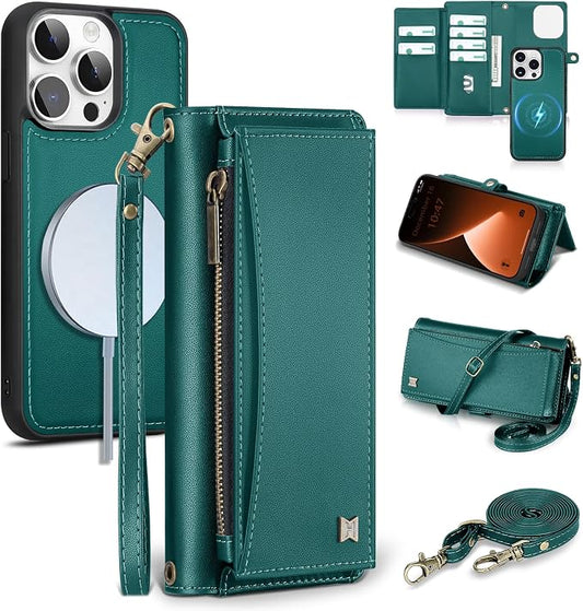Wallet Case for iPhone 15 Pro with Card Holder/Crossbody Wallet/Strap| RFID Blocking | Magnetic | Kickstand | Detachable | PU Leather Phone Case for iPhone 15 Pro,6.1 in,Green