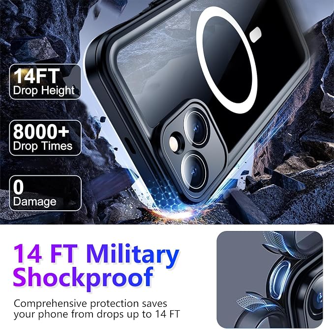 Temdan Compatible with iPhone 14 Case Waterproof, Built-in Screen & Camera Protector IP68 Underwater Full Body 14FT Military Dropproof Shockproof Phone Case 6.1"-Black/Clear-Mag