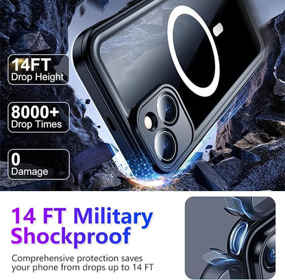 Temdan Compatible with iPhone 14 Case Waterproof, Built-in Screen & Camera Protector IP68 Underwater Full Body 14FT Military Dropproof Shockproof Phone Case 6.1"-Black/Clear-Mag