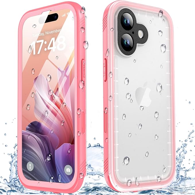 SPORTLINK for Waterproof iPhone 17 Case - Built in Screen Protector/Dustproof/Shockproof/6.6FT Military Dropproof/Ful Body Protector/IP68 Underwater for iPhone 17 Case 6.3 inch Pink/Frosted Clear