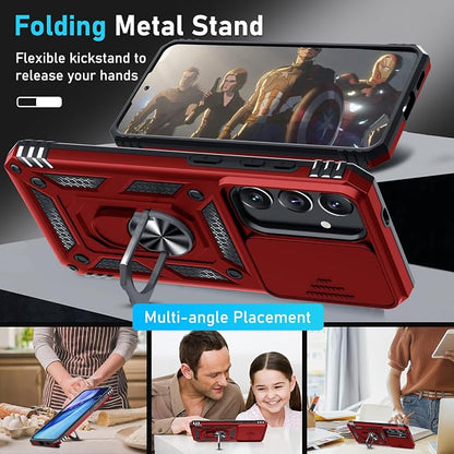 Janmitta Compatible with Samsung Galaxy S25 Plus/S24 Plus Case Built in Slide Camera Lens Cover+Screen Protector+Finger Ring Holder Kickstand,Heavy Duty Shockproof Full Body Phone Cover,Red