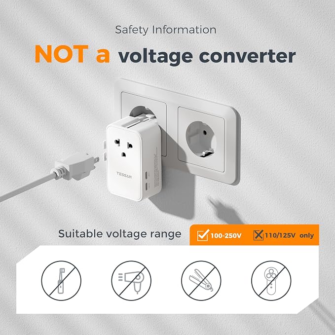 TESSAN Universal Travel Adapter PD 25W, White | International Power Adapter, Ultra Thin, 2 USB A 2 USB C, US to European UK Australia Ireland, Type C G A I