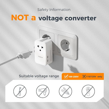 TESSAN Universal Travel Adapter PD 25W, White | International Power Adapter, Ultra Thin, 2 USB A 2 USB C, US to European UK Australia Ireland, Type C G A I
