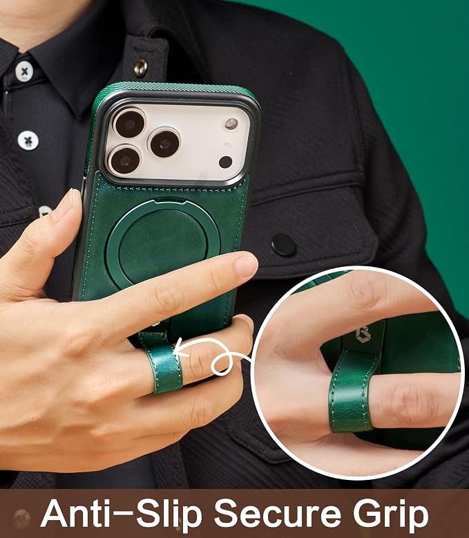 for iPhone 17 Pro Max Leather Case with Stand, Anti-Slip Grip Ring, Fits for MagSafe (Green, iPhone 17 Pro Max)