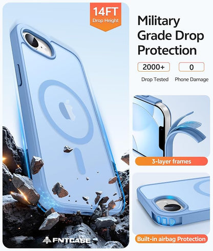 FNTCASE for iPhone 17e Case: iPhone 16e Phone Case [Compatible with Magsafe] Translucent Matte Cases with [Screen Protector] Military Grade Shockproof Protective Phone Cover - Light Blue