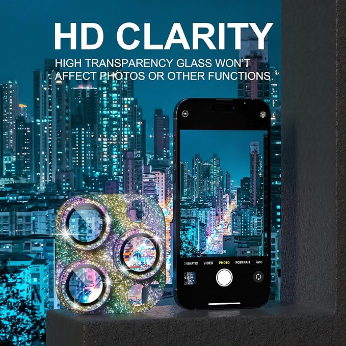 Choiche for iPhone 14 Pro/iPhone 14 Pro Max Camera Lens Protector, Bling Camera Cover with 9H Tempered Glass Lens Screen Protector Metal Ring Decoration Accessories (Glitter-Rainbow)