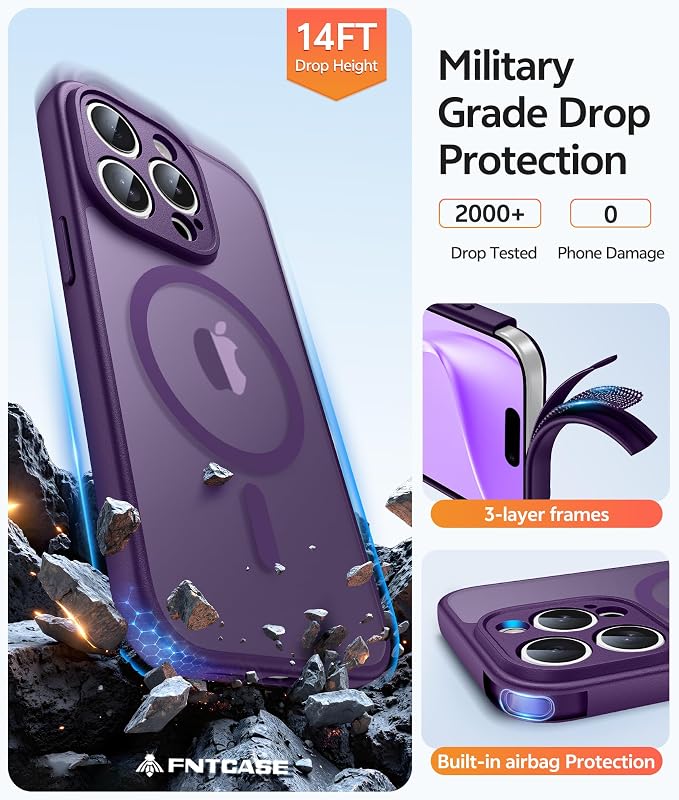 FNTCASE for iPhone 15 Pro Max Case: [Compatible with Magsafe] Translucent Matte Cases with [Full Camera Protection] [Screen Protector] Military Grade Shockproof Protective Phone Cover - Purple