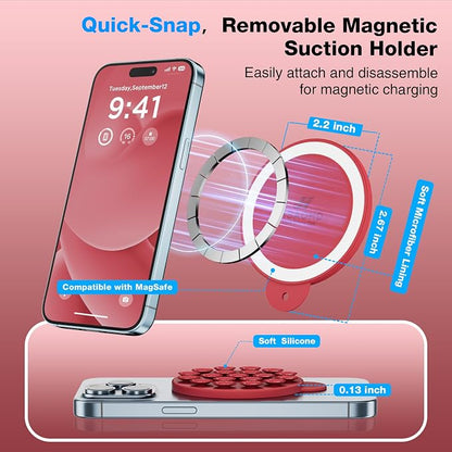 Magnetic Suction Cup Phone Mount with MagSafe, Silicone Hands-Free Grip Holder for iPhone Case and Android, Mirror Shower Phone Stand for Makeup FaceTime Gym Kitchen Bathroom, Deep Red