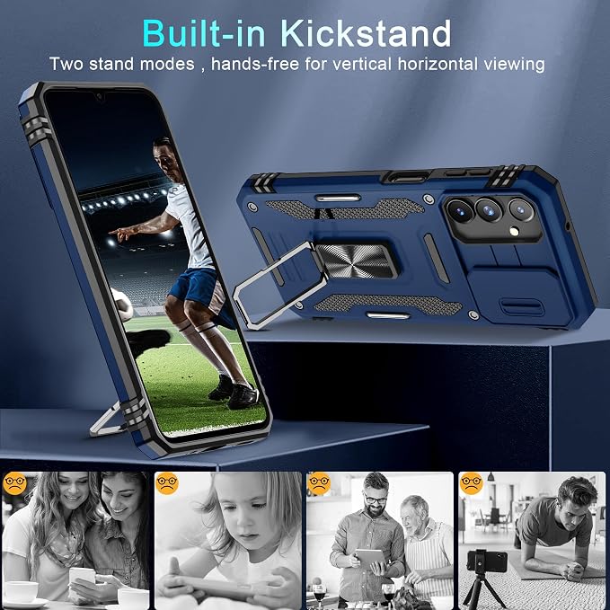 DEERLAMN Case for Samsung Galaxy A16 5G with Slide Camera Cover+Screen Protector (1 Pack), Rotated Ring Kickstand Military Grade Shockproof Protective Cover-Navy Blue