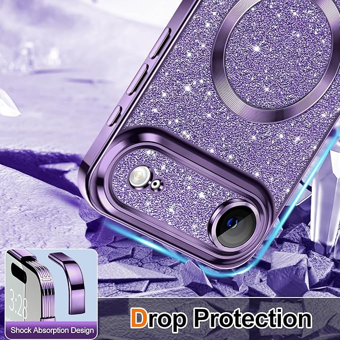 Hython for iPhone Air Case Glitter Clear Magnetic Phone Cases [Compatible with MagSafe] Full Camera Lens Protector Sparkle Luxury Plating Slim Shockproof Protective Cover Women, Purple