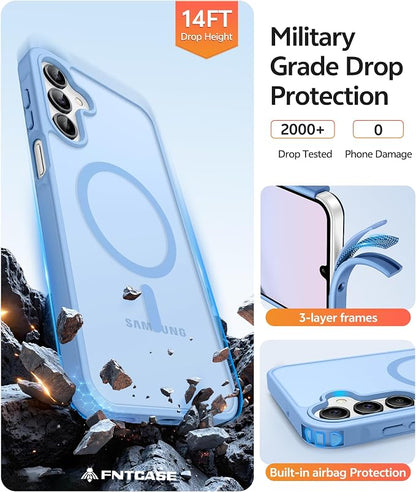 FNTCASE for Galaxy A15 5G Phone Case, Screen Protector, Light Blue | Translucent Matte Magnetic Back, 14FT Military Grade Drop Protection, Shockproof Protective, for Samsung A 15 Cover