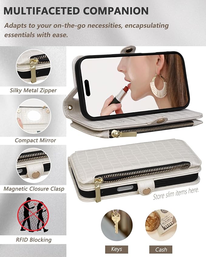 Crossbody Wallet Case for iPhone 17 Pro with Mirror, Wrist Strap, Zipper Purse Magnetic Flip, RFID Blocking Card Holder, Wireless Charging, PU Leather Shockproof 6.3" Women (White)
