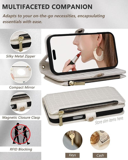 Crossbody Wallet Case for iPhone 17 Pro with Mirror, Wrist Strap, Zipper Purse Magnetic Flip, RFID Blocking Card Holder, Wireless Charging, PU Leather Shockproof 6.3" Women (White)