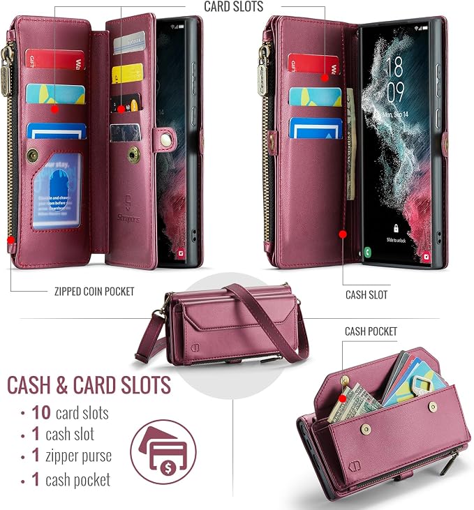 Strapurs Crossbody Wallet Case Compatible with Samsung Galaxy S22 Ultra 5G RFID Blocking 10-Card Holder Soft PU Leather Magnetic Snap Strap Zipper Pocket Phone Case Fit for Galaxy S22 Ultra - Wine Red